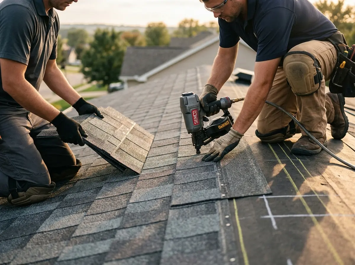 Professional roofer working on a residential roof in Middletown